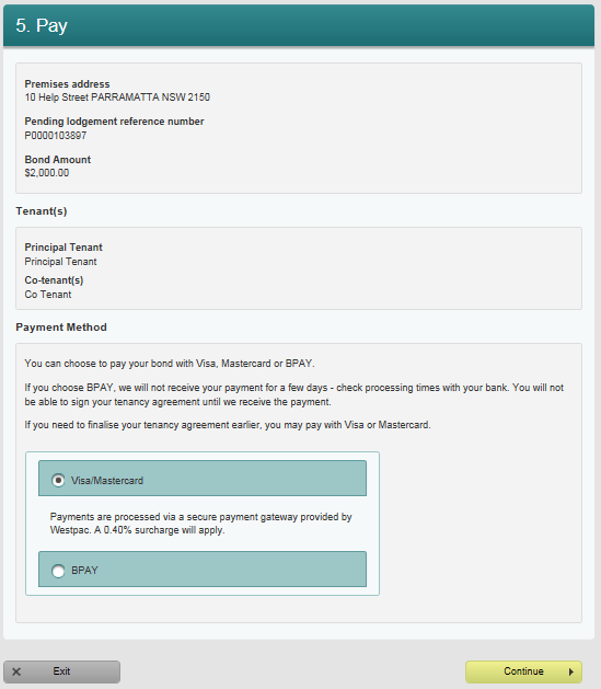 screen shot of bond payment page for tenants